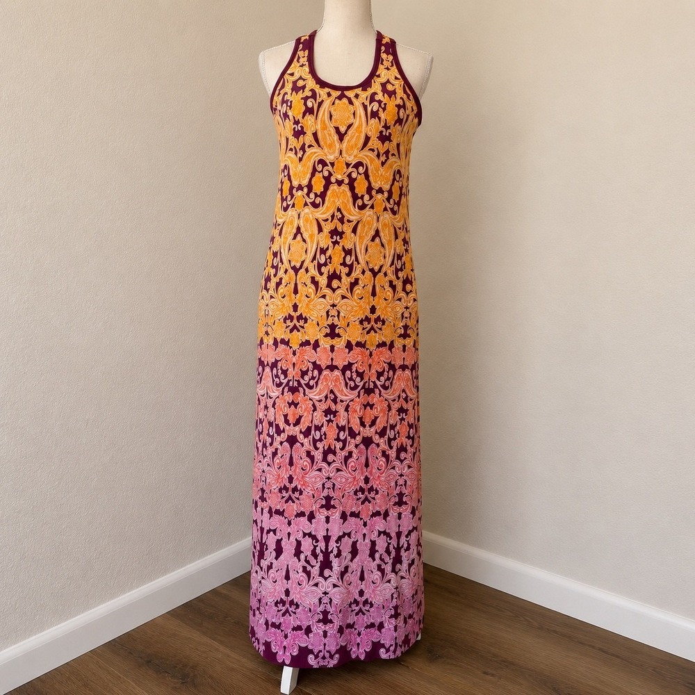 Athleta Maxi Dress Womens Large Orange Purple Paisley Ombre Racerback Pockets